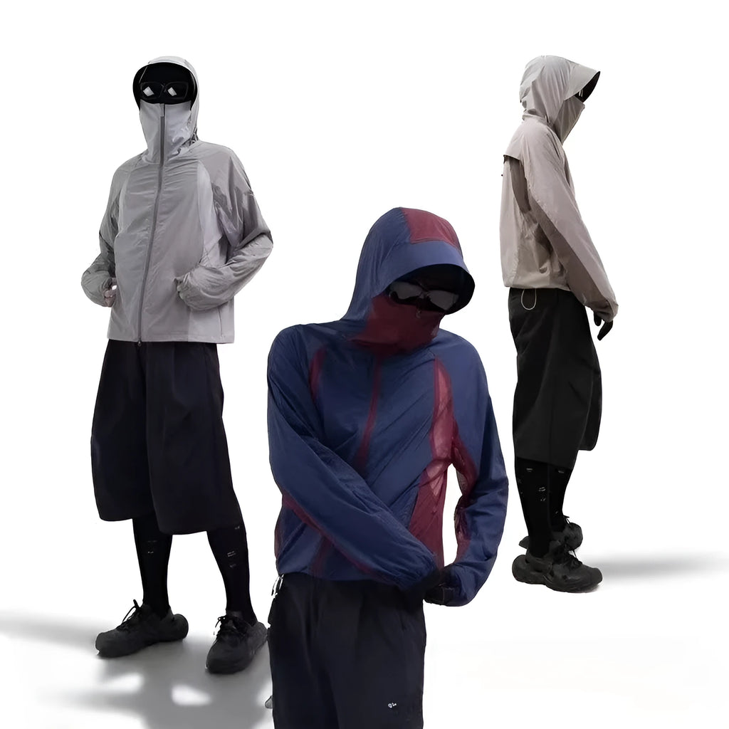Mesh stitching UV protective nylon clothes in desert brown, light grey, red and blue colours