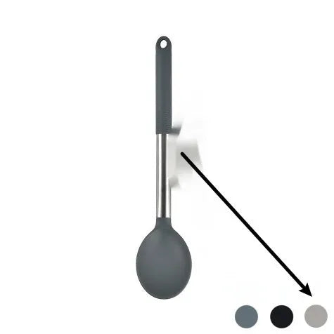 Black silicone 12-piece kitchen utensil set with rotating storage bucket including ladle, spatula, and food clip.