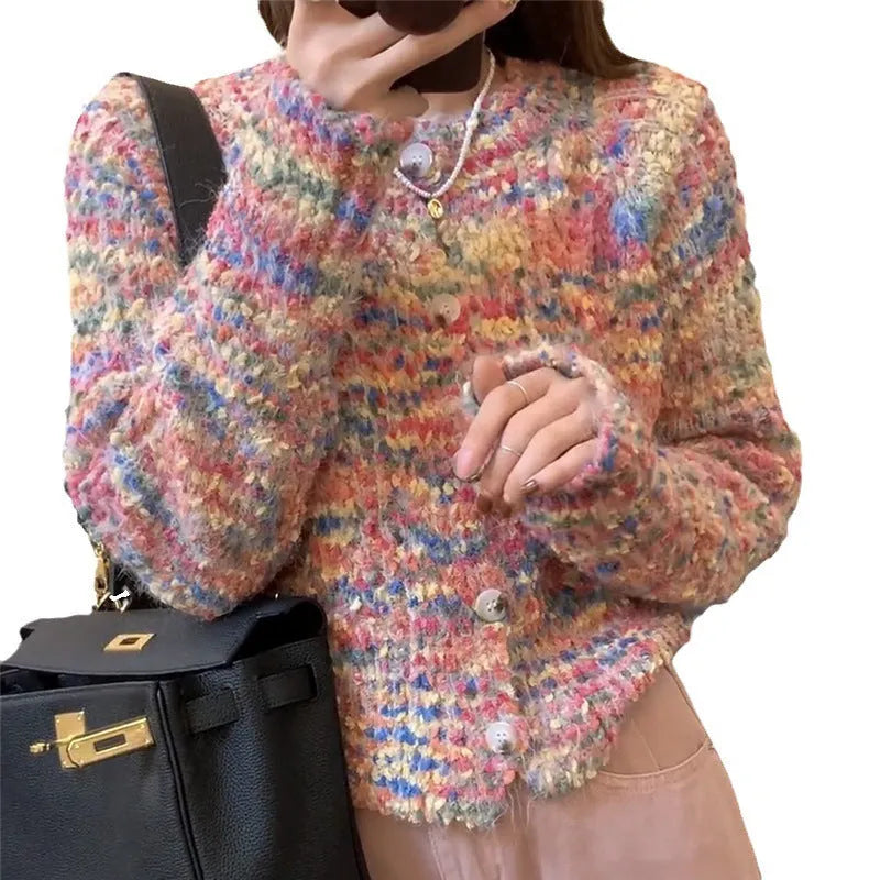 Retro rainbow pattern acrylic cardigan in green or pink ice cream colours with free size slim fit