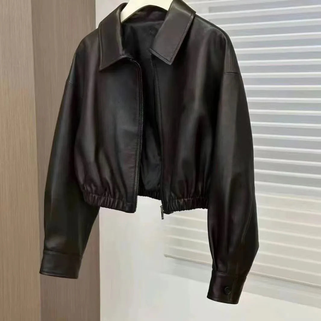 Black womens imitation leather square-neck zip jacket with princess sleeves