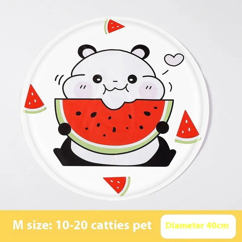 Round gel cooling mat for dogs in blue paw print cartoon design on a beige background