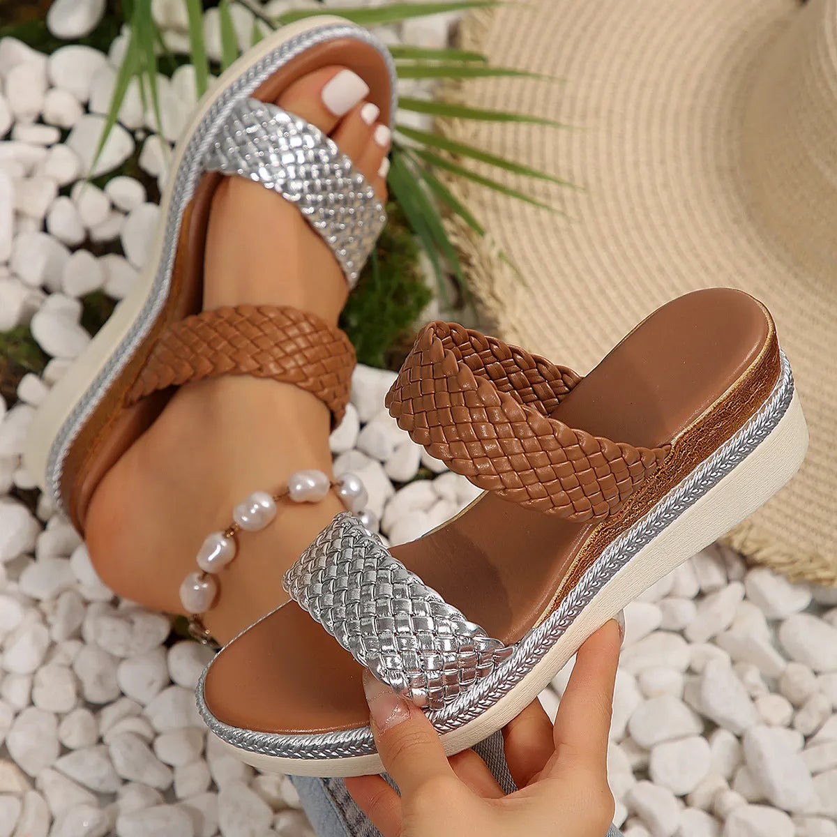 Gold and silver plus size wedge sandals for women showing PU upper and rubber sole