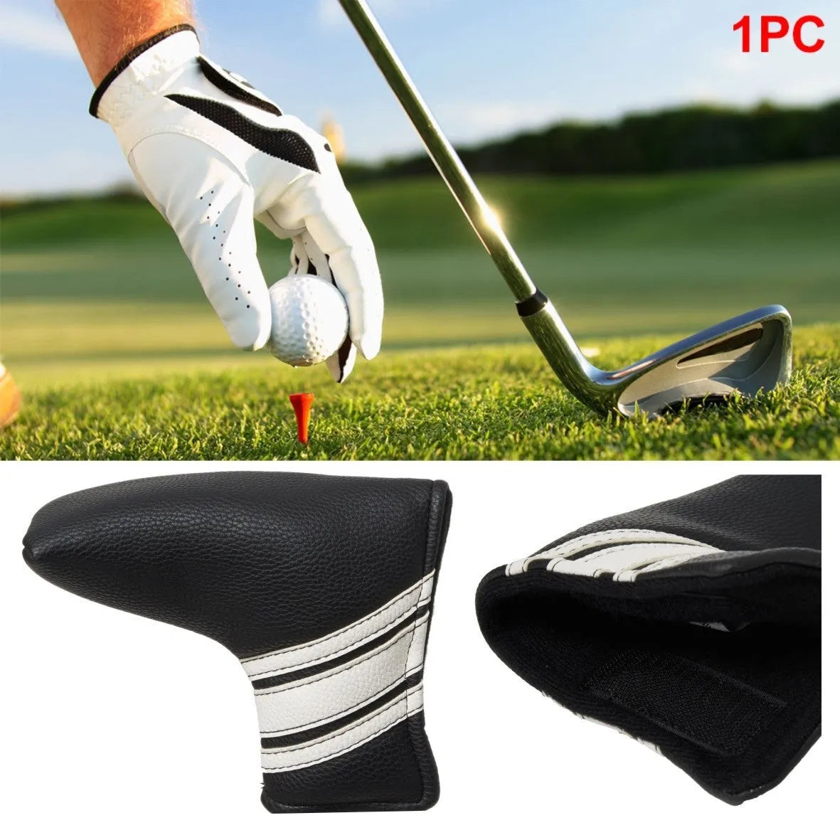 Black PU leather golf club head cover and push rod protective case
