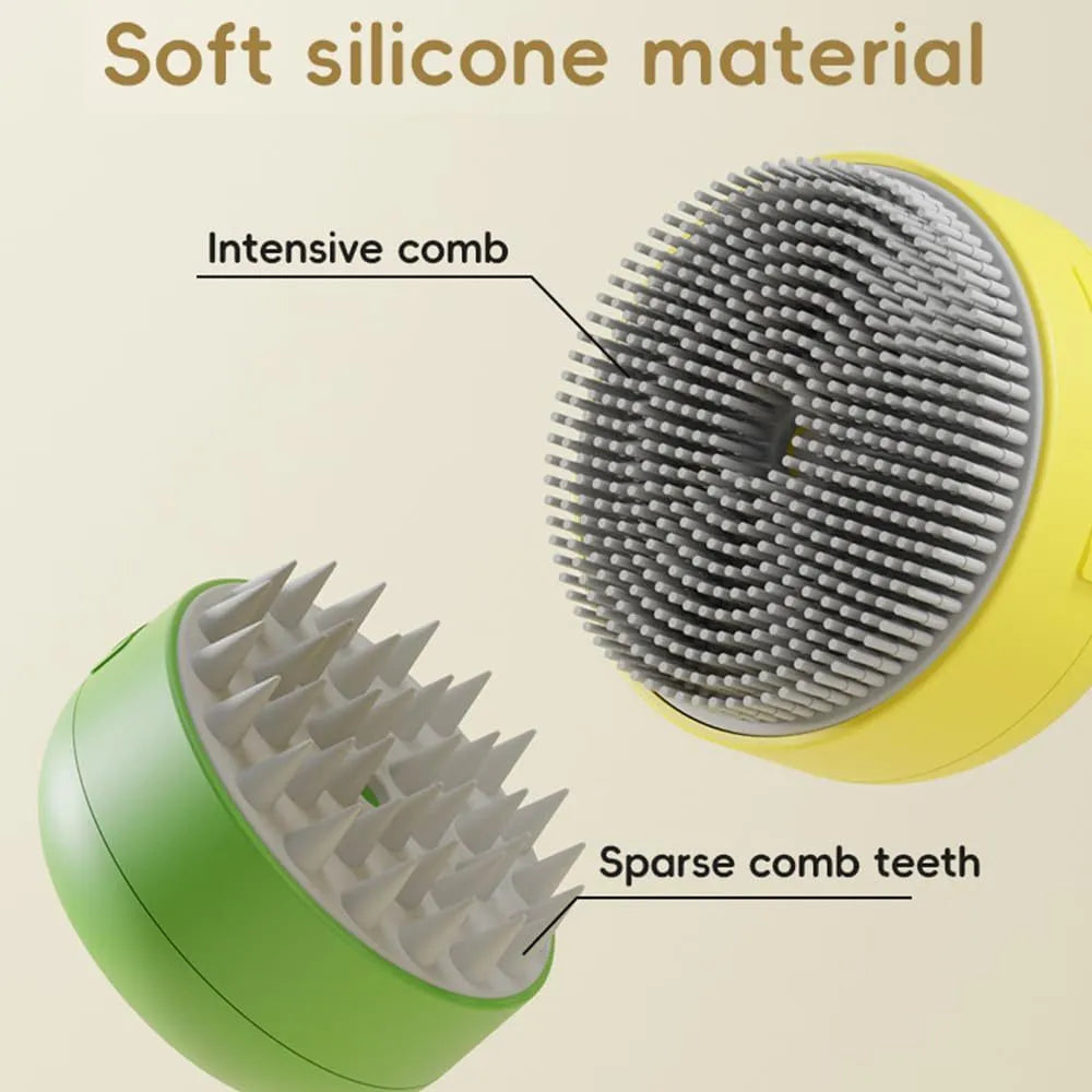 Rechargeable green and yellow pet steam brush with silicone bristles on a table.