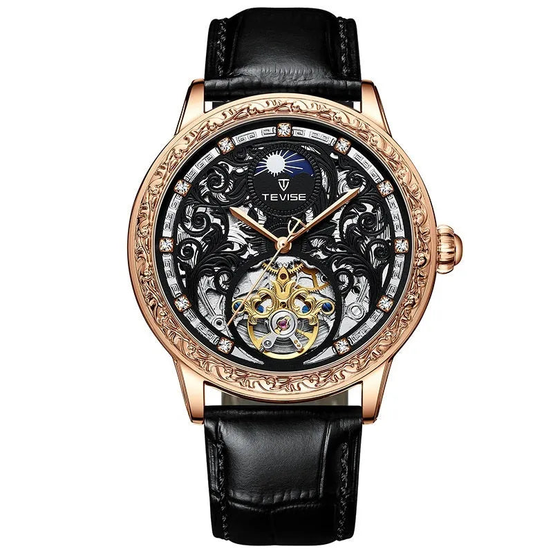 Business casual waterproof hollow out men's mechanical watch with rose black leather strap