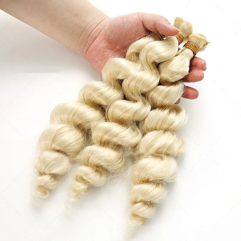 Golden synthetic hair weft wig for women shown in 18in, 20in, and 22in lengths.