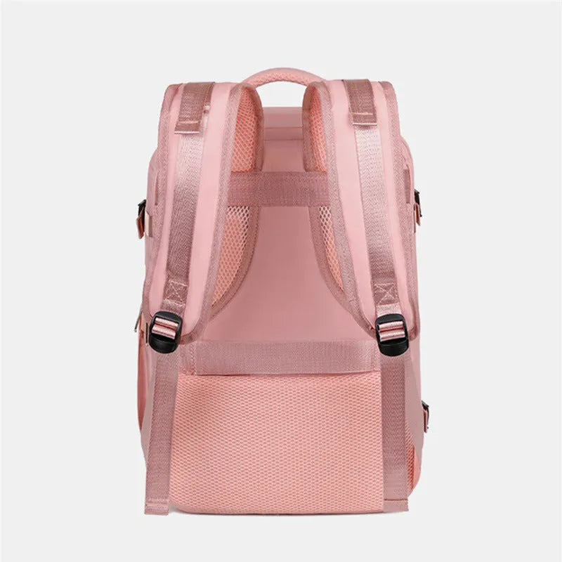 Large purple Oxford cloth travel backpack with multiple compartments and an air pillow belt on the straps.