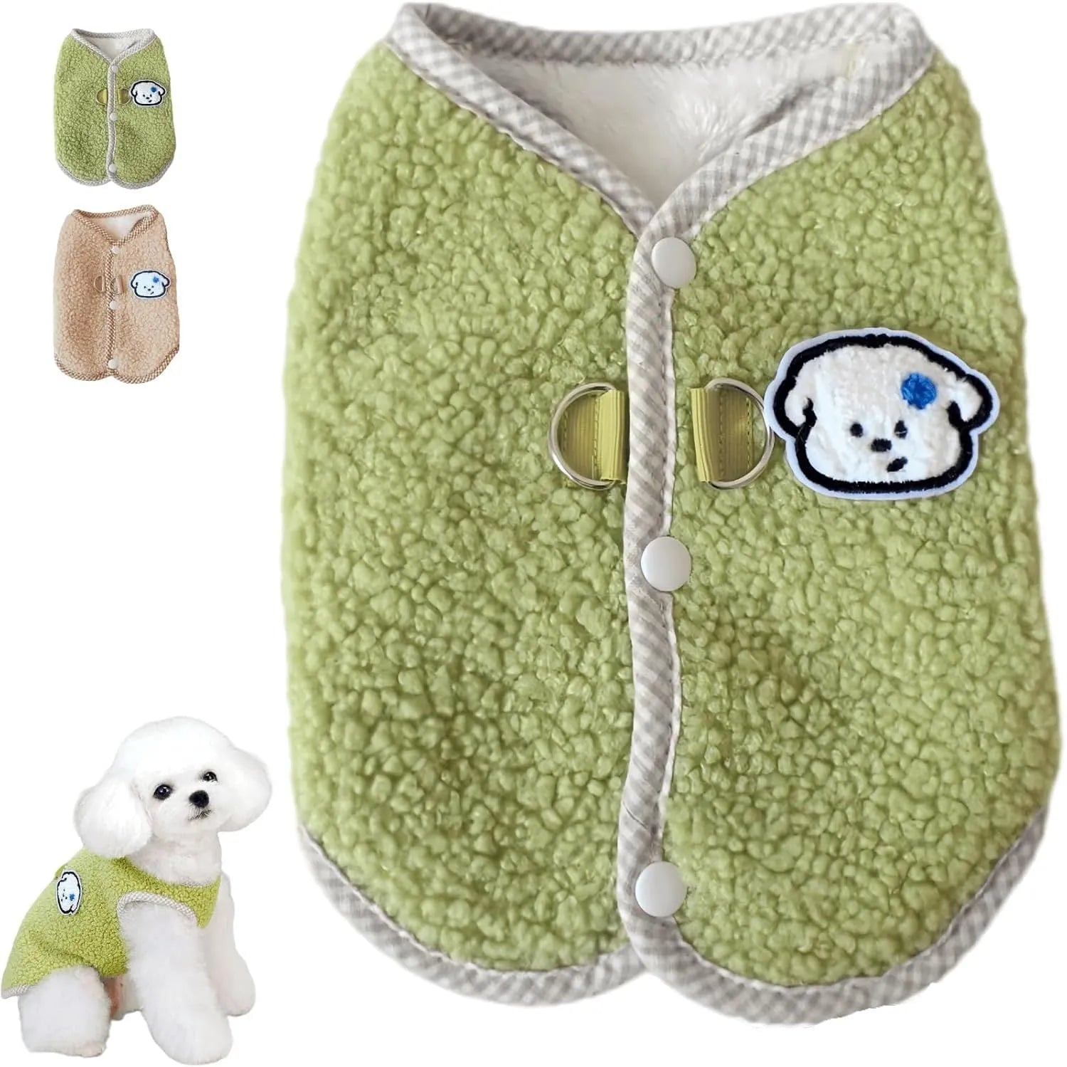 Green thickened coral fleece dog sweatshirt vest with a metal leash ring on the back