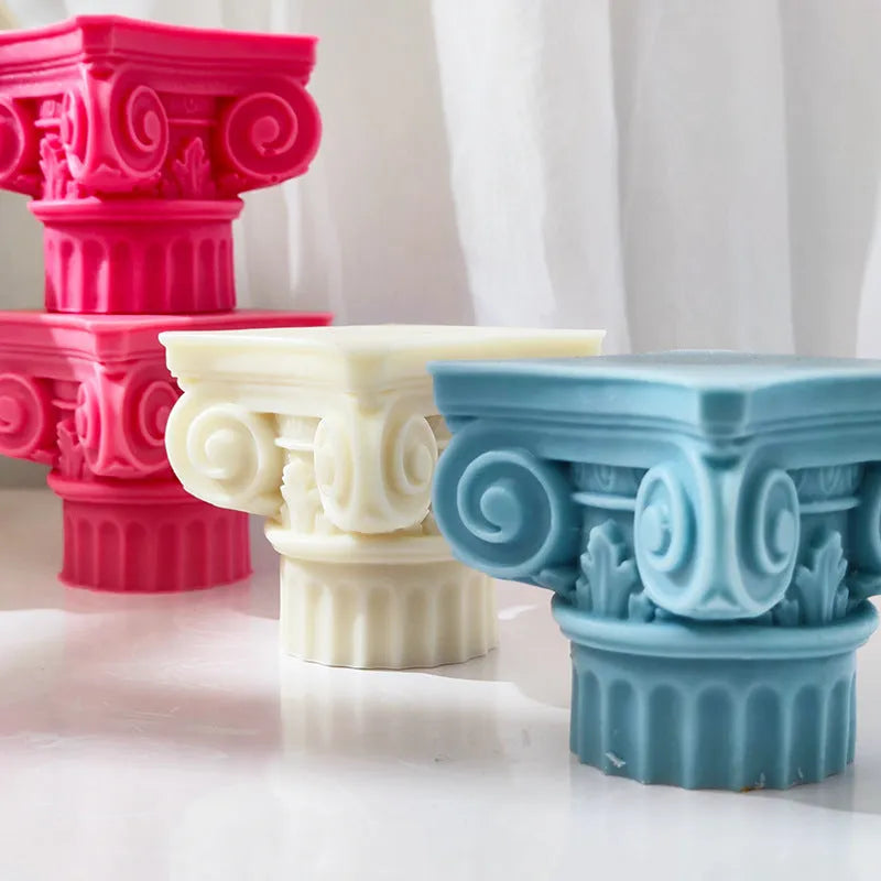Flexible silicone Roman pillar candle mould on a white background