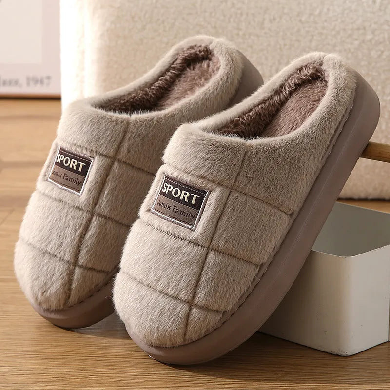 Men's brown rabbit hair winter slippers with thick EVA soles and artificial wool lining