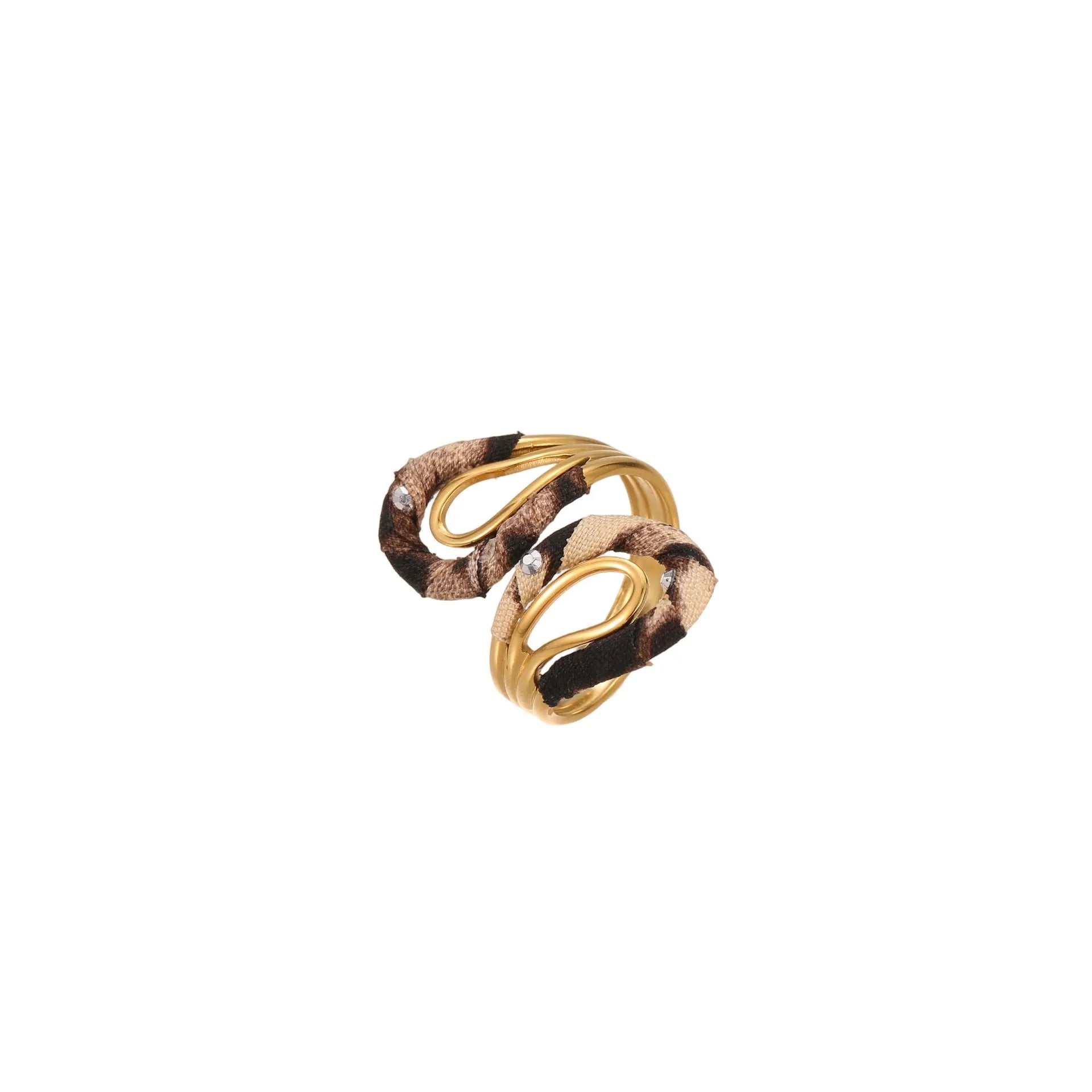 Open mouth ring with geometry heart star shapes and leopard print pattern in electroplated stainless steel