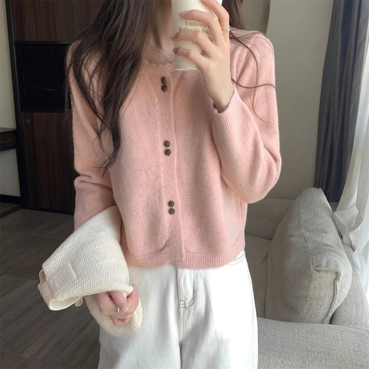 Women's long-sleeved acrylic fibre cardigan coat in free size regular fit