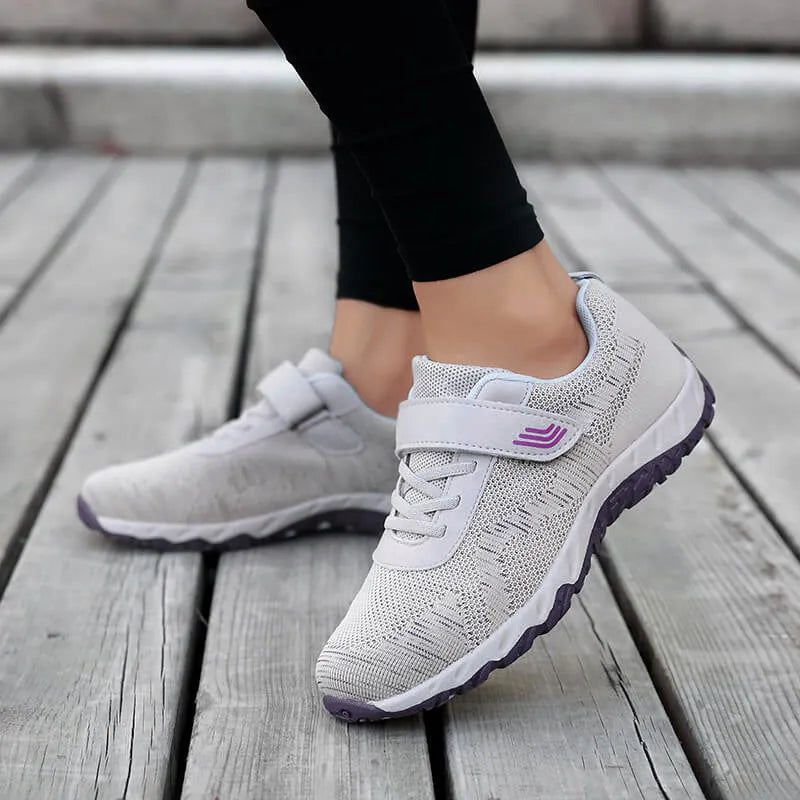 Women's low-top wedge heel shoes with mesh upper and Velcro strap in grey purple colour
