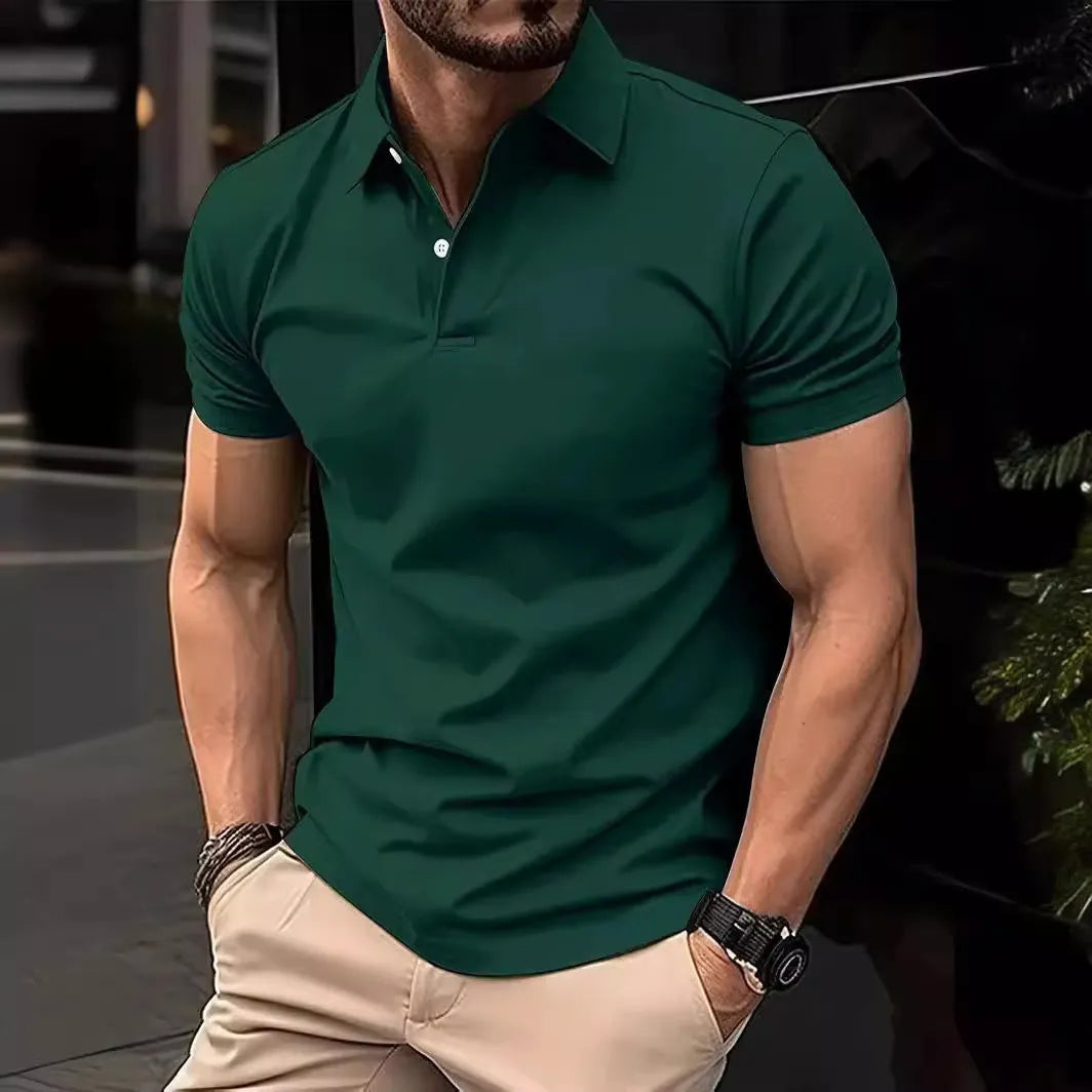 Men's slim fit short sleeve button shirt in solid colour on hanger