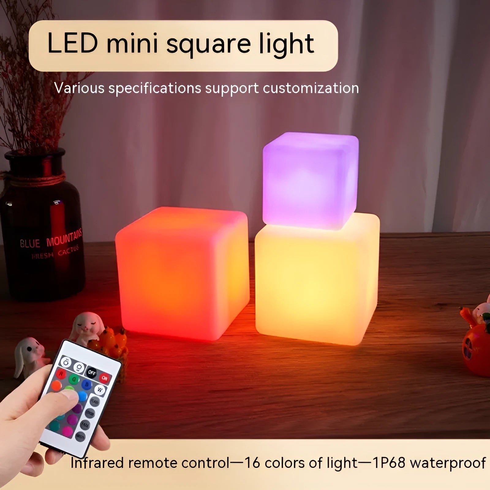 Small square seven-colour LED night light in European style, shown in 60mm and 80mm sizes.