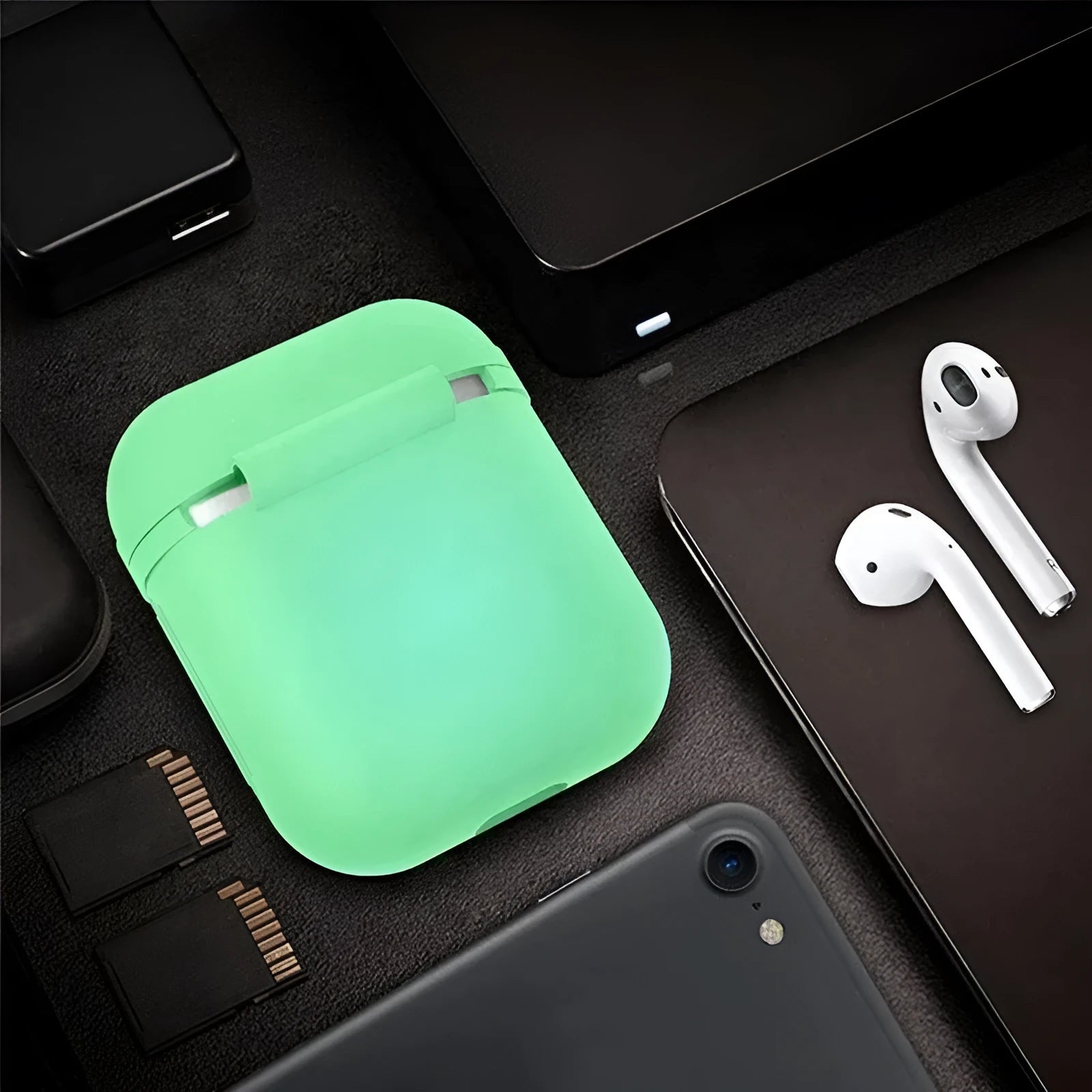 Luminous coloured silicone flip-top protective case for Apple AirPods wireless earphones
