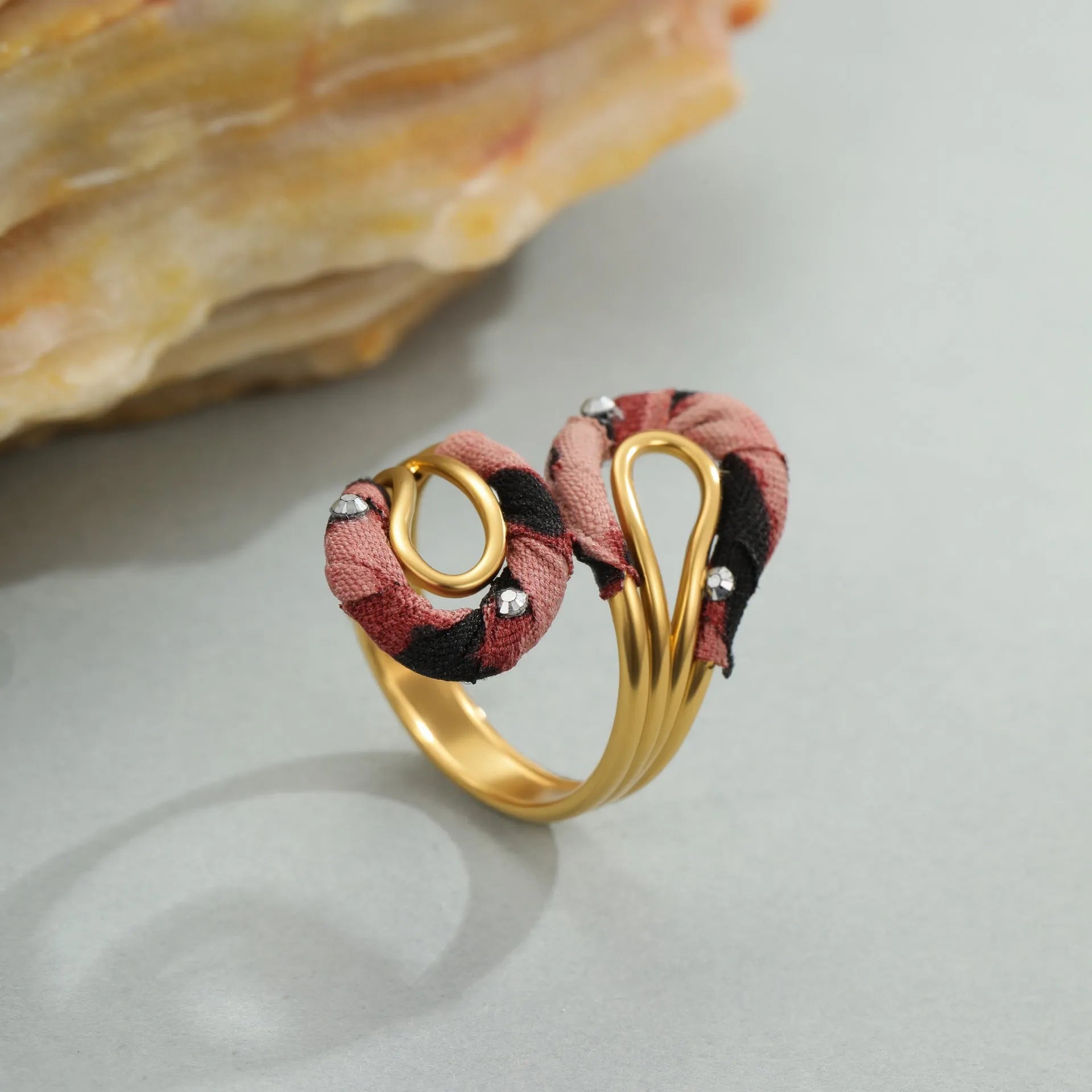 Open mouth ring with geometry heart star shapes and leopard print pattern in electroplated stainless steel
