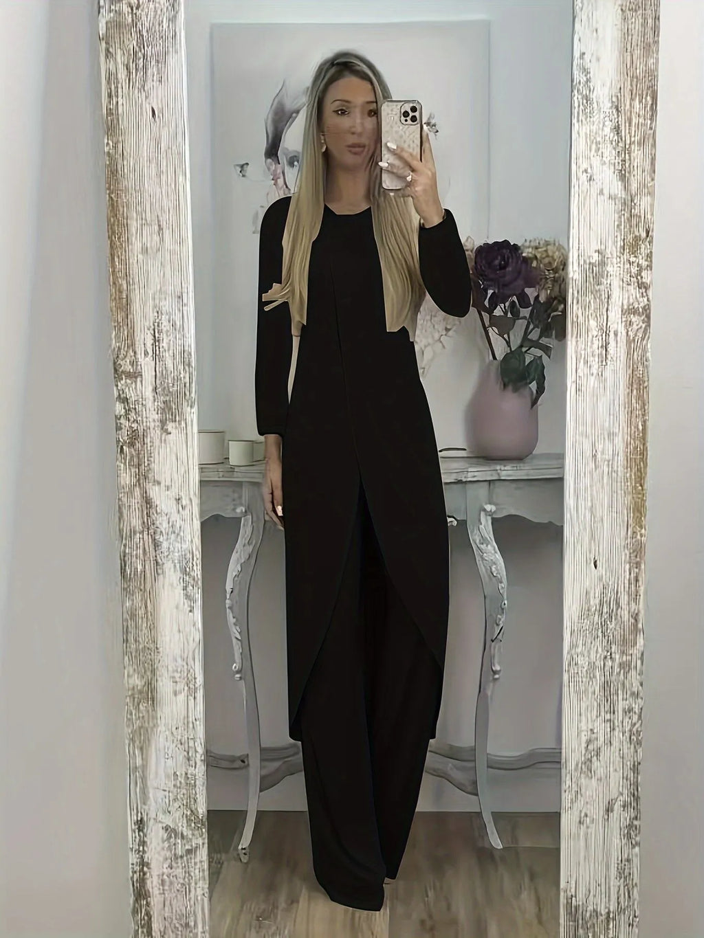 Casual polyester two-piece lounge set with loose fit in black, available sizes S to 5XL