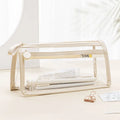 Transparent double-layer pencil case showing two compartments with writing instruments inside, dimensions 220x110x80mm