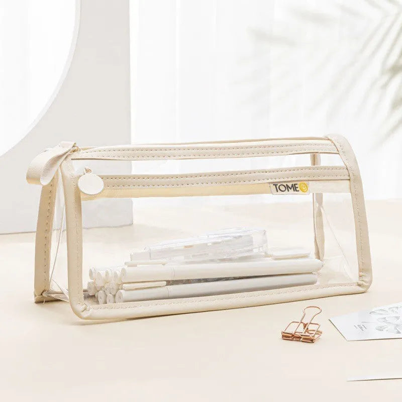 Transparent double-layer pencil case showing two compartments with writing instruments inside, dimensions 220x110x80mm