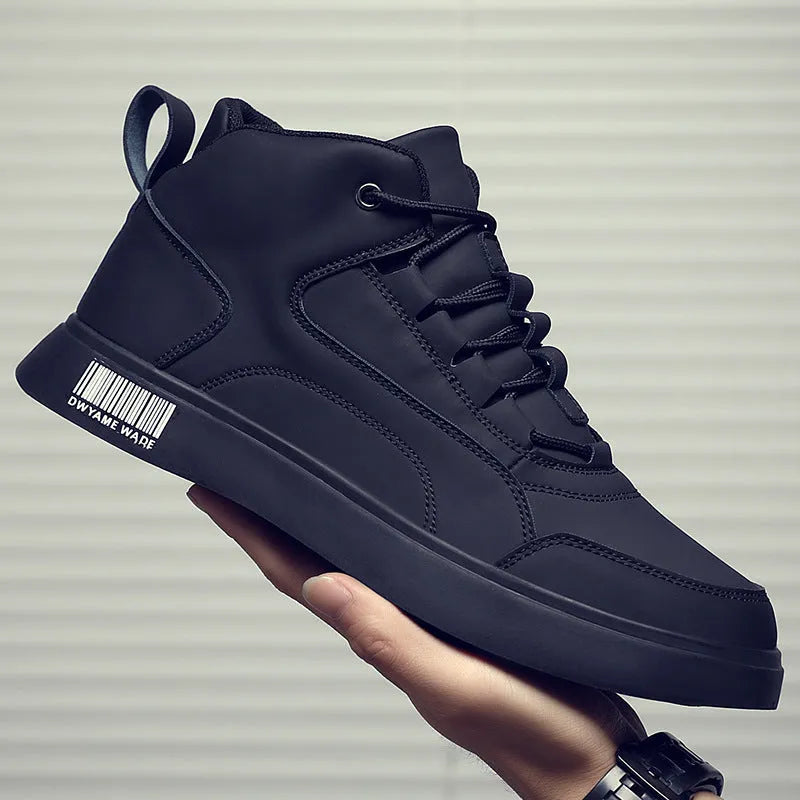 Men's white mid-top casual shoes with round toe, rubber sole, and front lace-up design on a plain background
