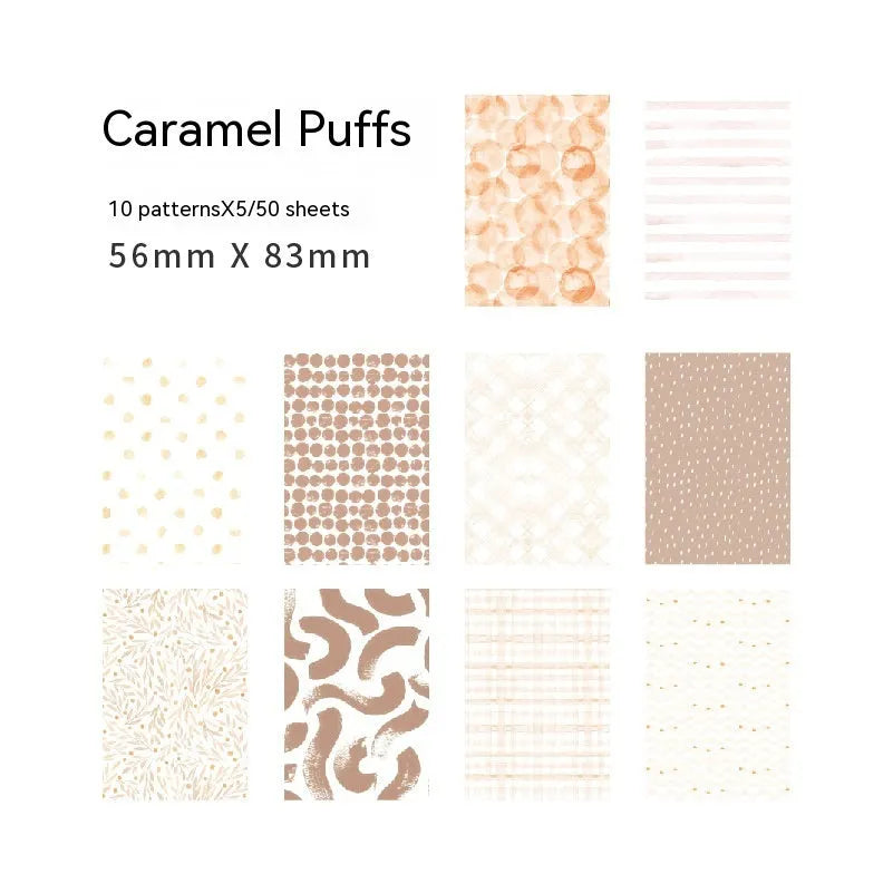 Retro collage material note paper in dessert colours showing ten different shades including caramel puff and mango milk roll