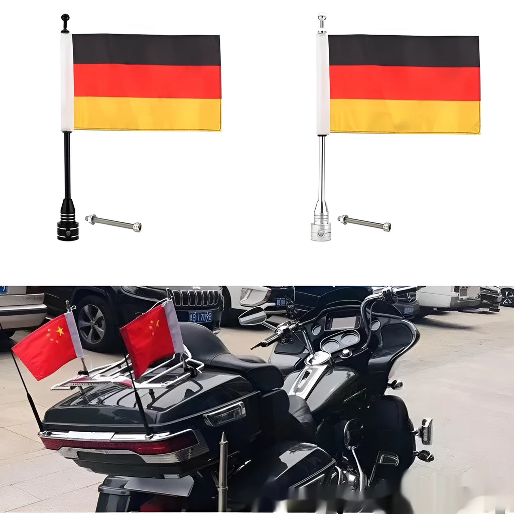 Motorcycle side box bumper parcel rack with adjustable aluminium flagpole mounting system