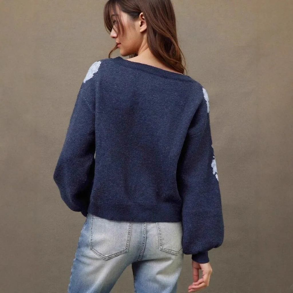 Women's sapphire blue off-neck pullover with floral jacquard pattern, loose casual fit with long sleeves