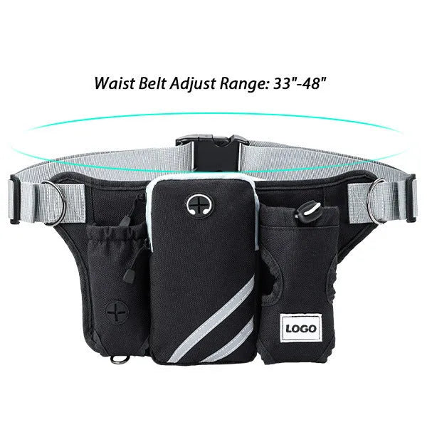Black nylon outdoor pet training waist bag set with adjustable dog walking leash for hands-free control