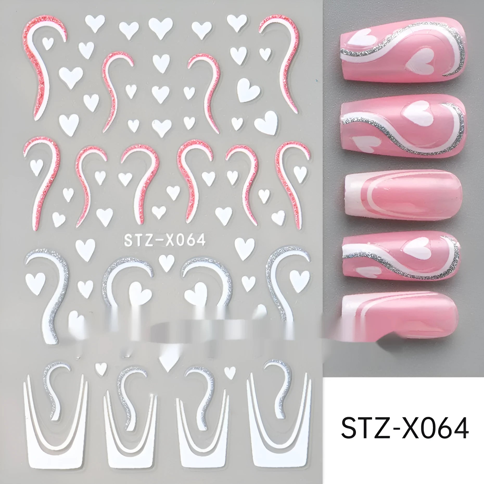 Sheet of black and silver love heart pattern nail art stickers with a plastic nail patch.
