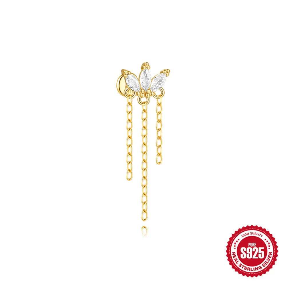 Geometric kite-shaped sterling silver earrings with a gold electroplated chain tassel featuring rhinestones.