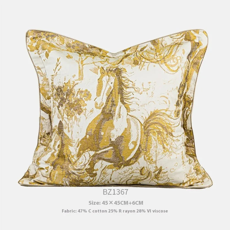 Modern abstract golden horse design jacquard cushion in square and waist pillow sizes