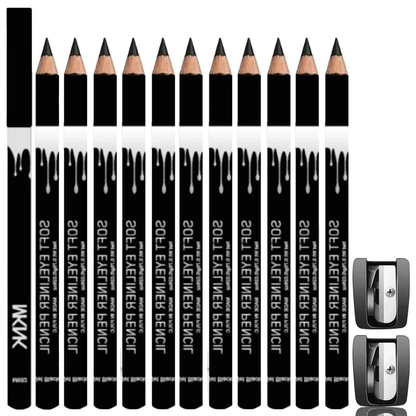 12-piece white and black eyeliner pencil set with sharpener for versatile makeup application