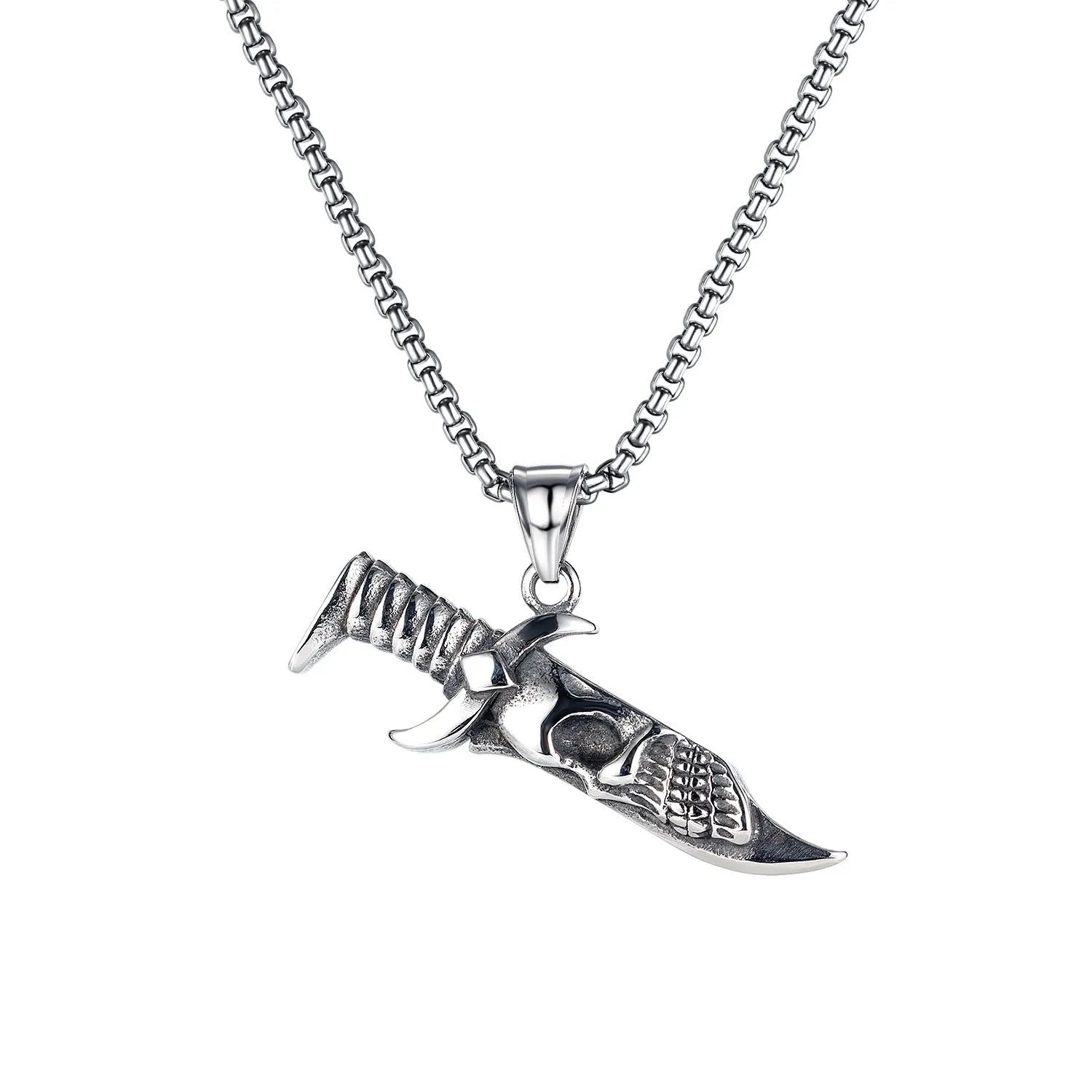 Men's silver stainless steel necklace with an alloy skull pendant on a chain.