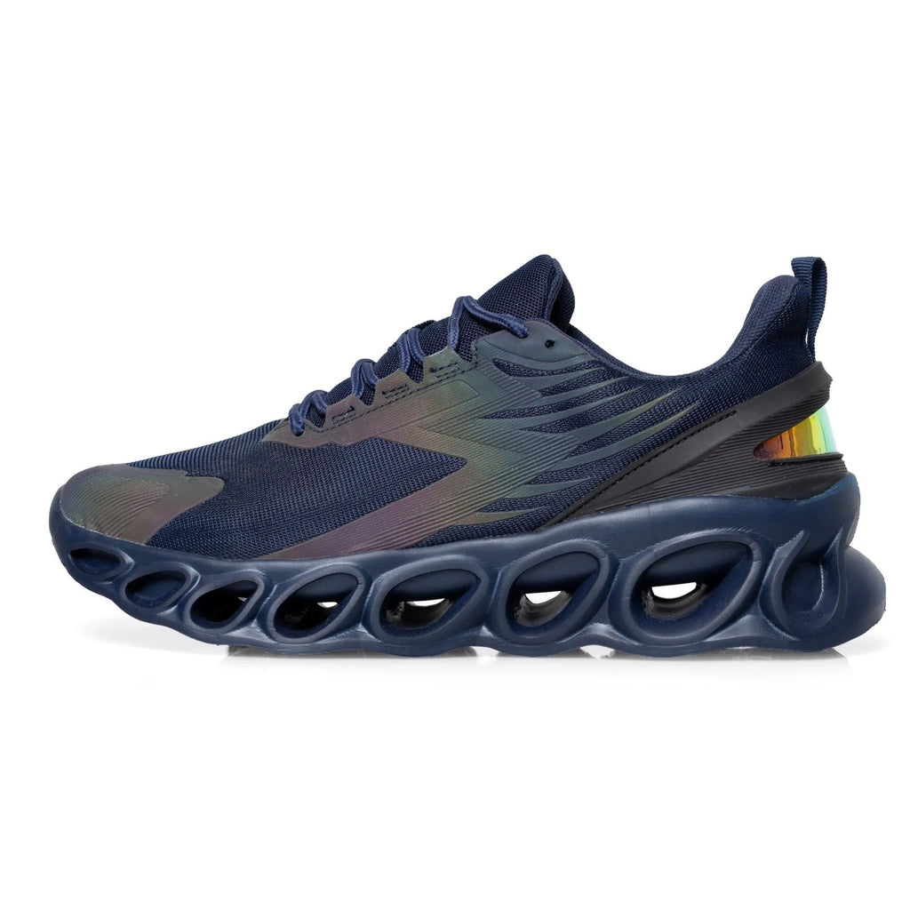 Men's casual sports shoes with mesh upper in black colour showing lace-up front and EVA sole