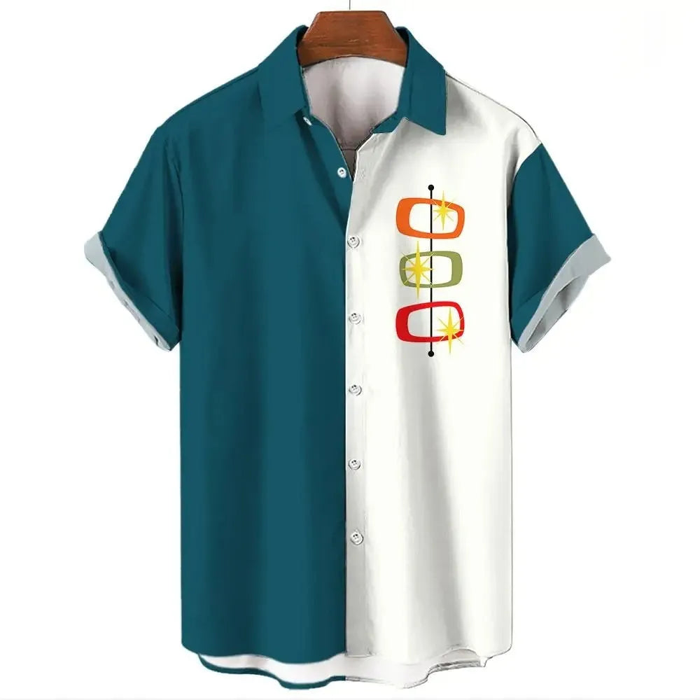 Man wearing a striped short-sleeve Hawaiian button-up shirt in a bright colour.