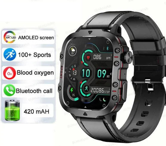 QX11 smart Bluetooth watch in black with TFT screen showing heart rate data on a leather strap.