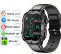 QX11 smart Bluetooth watch in black with TFT screen showing heart rate data on a leather strap.