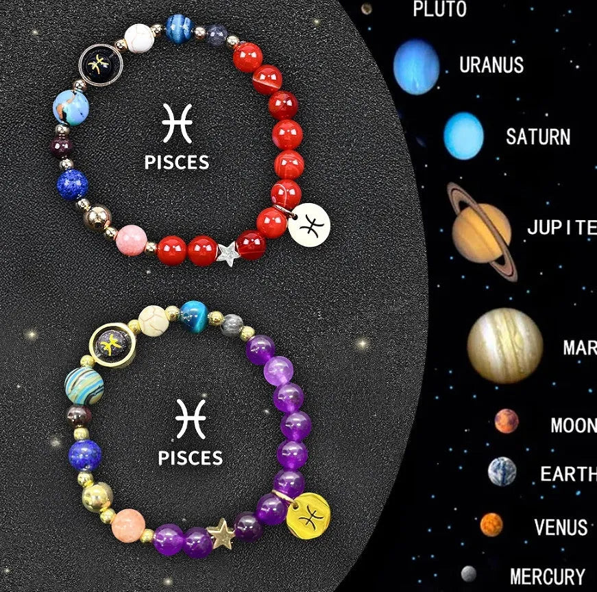 Two natural stone beaded bracelets for zodiac signs on a neutral background.