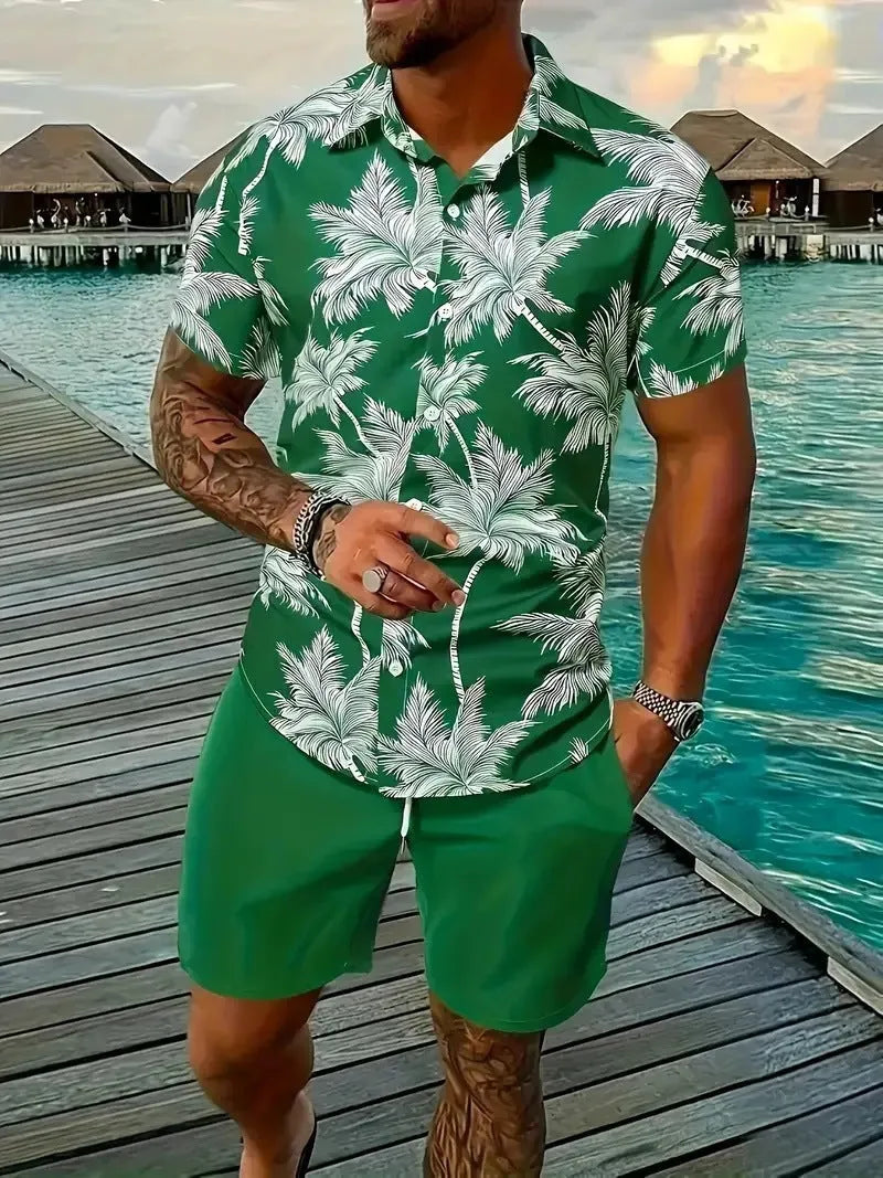 Men's Hawaii 3D printed short sleeve top and shorts leisure suit set on a hanger.