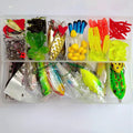 142-piece fishing lure set showing hard minnow lures with sequins, various baits, and fishing pliers in tackle box