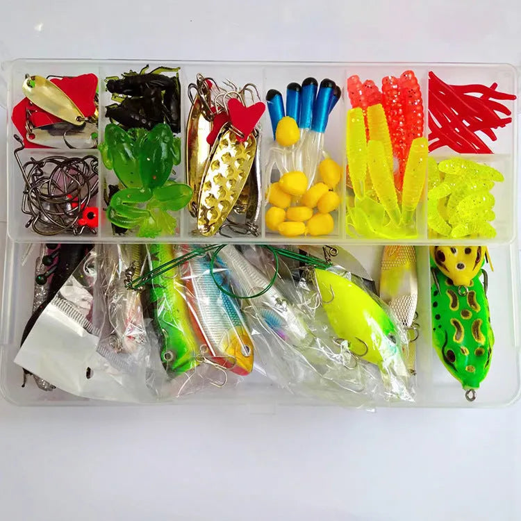 142-piece fishing lure set showing hard minnow lures with sequins, various baits, and fishing pliers in tackle box