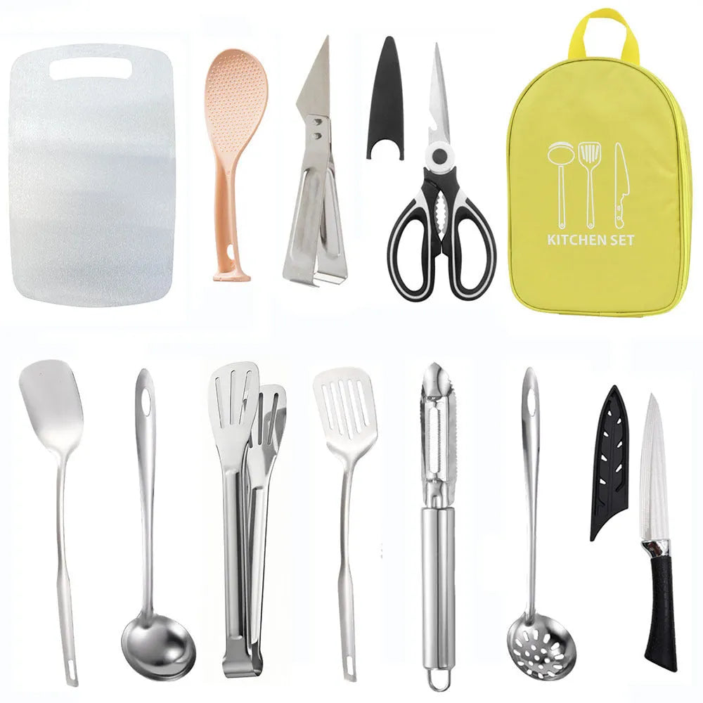 12-piece stainless steel portable picnic kitchenware set in a khaki storage bag.