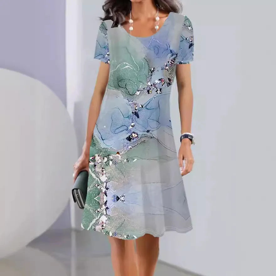 Women's mid-length A-line dress with plant and flower print in ice silk fabric for spring and summer