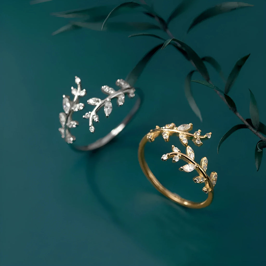 Women's copper branch ring with leaf design in silver or gold electroplated finish