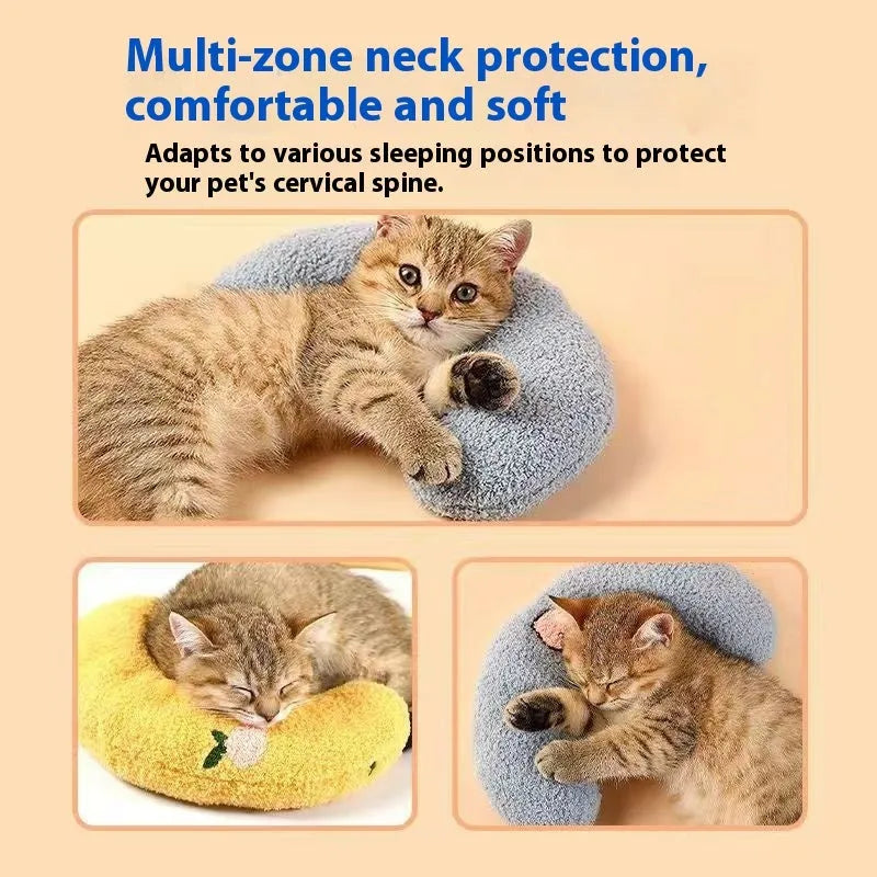 Blue U-shaped cat neck protection pillow with question mark design on white background
