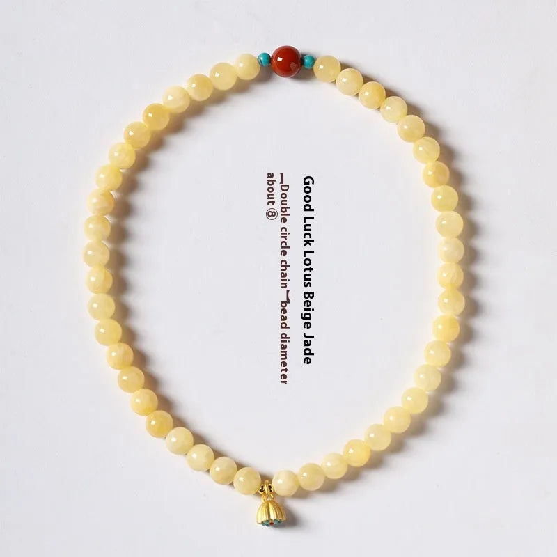 Yellow jade handmade double ring bracelet for women, retro topaz lotus seedpod design, 8mm and 6mm beads, hand-woven