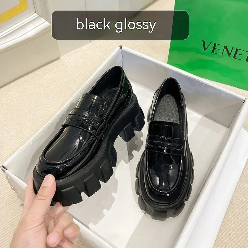British wide-fit loafers in patent leather or matte finish with muffin heel and rubber sole