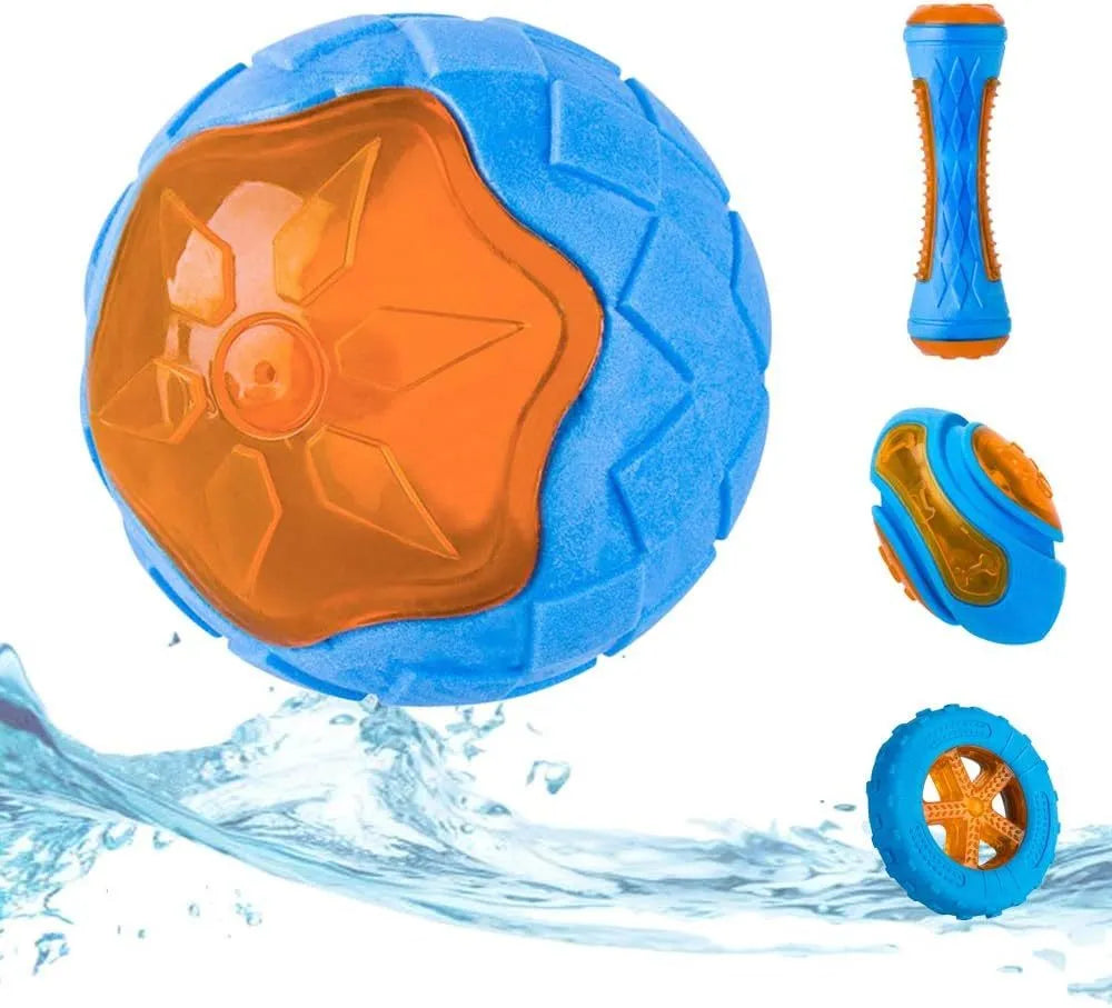 Set of three TPR dog toys: a squeaky ball, barbell, and tyre for floating fetch play.