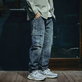 Men's blue loose straight jeans with zip fly in retro style